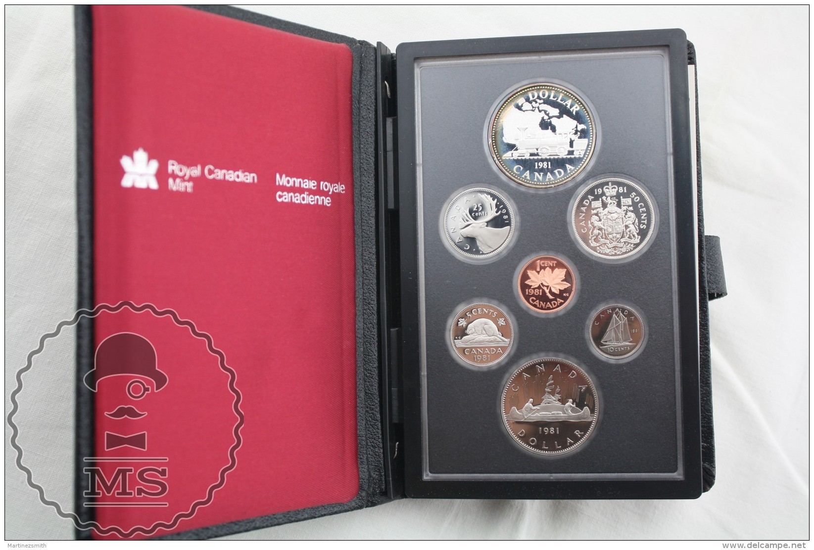 1981 Royal Canadian Mint - Silver Commemorative Dollar - Trans-Canada Railway- 7 Coins Proof Set Canada, Leathered Case - Canada