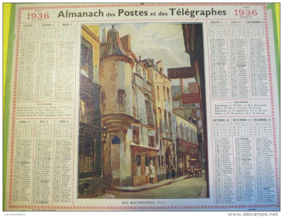 Almanach Des Postes Télégraphes /Rue Hautefeuille/Paris/ Dépt ?/Oberthur /Rennes /1936     CAL339 - Big : 1921-40