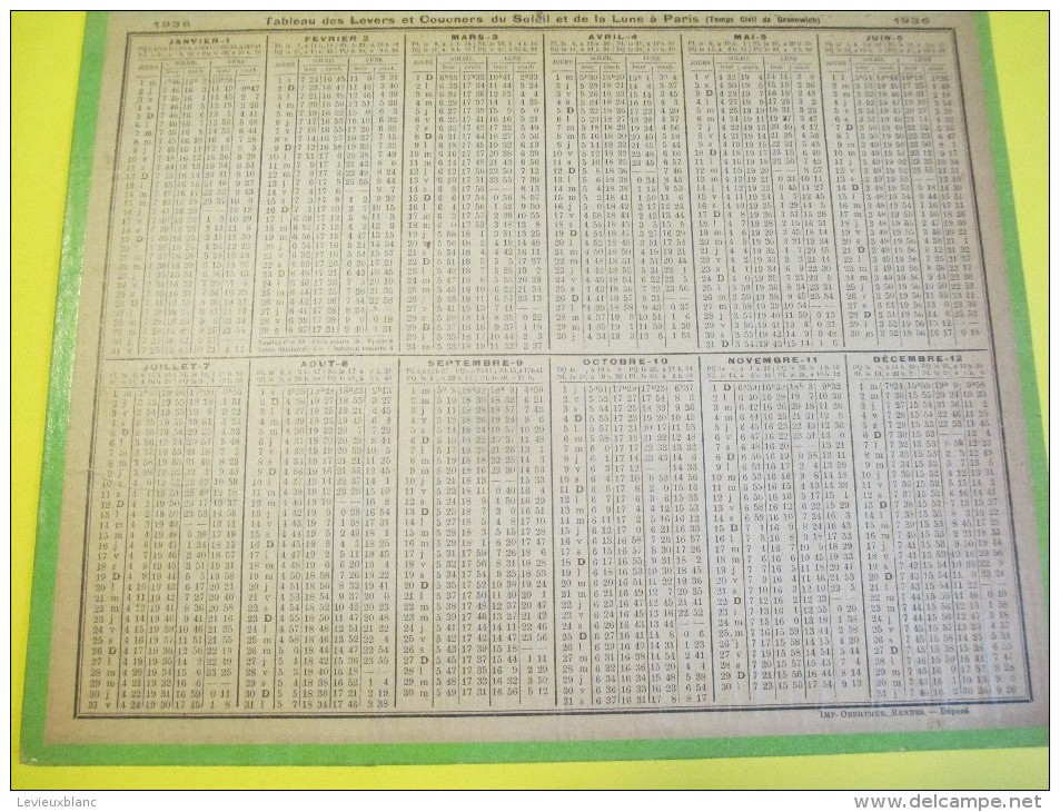 Almanach Des Postes Télégraphes /Rue Hautefeuille/Paris/ Dépt ?/Oberthur /Rennes /1936     CAL339 - Big : 1921-40