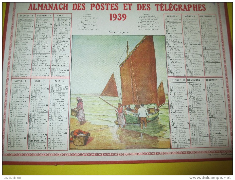 Almanach Des Postes Télégraphes /Retour De Pêche/ Dépt ?/Oller/Paris-Puteaux/1939     CAL338 - Groot Formaat: 1921-40
