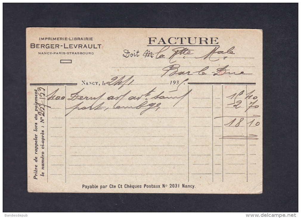 EMA Nancy R.P. Du 28/01/1935 Carte Facture Imprimerie Berger Levrault Vers Receveur Municipal De Bar Le Duc - EMA (Empreintes Machines à Affranchir)