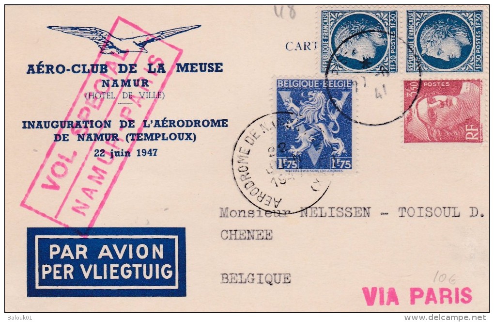 Vol Spécial Namur Paris Inauguration De L'aérodrome De Namur Temploux Chenée Via Paris 22-6-1947 - Altri & Non Classificati