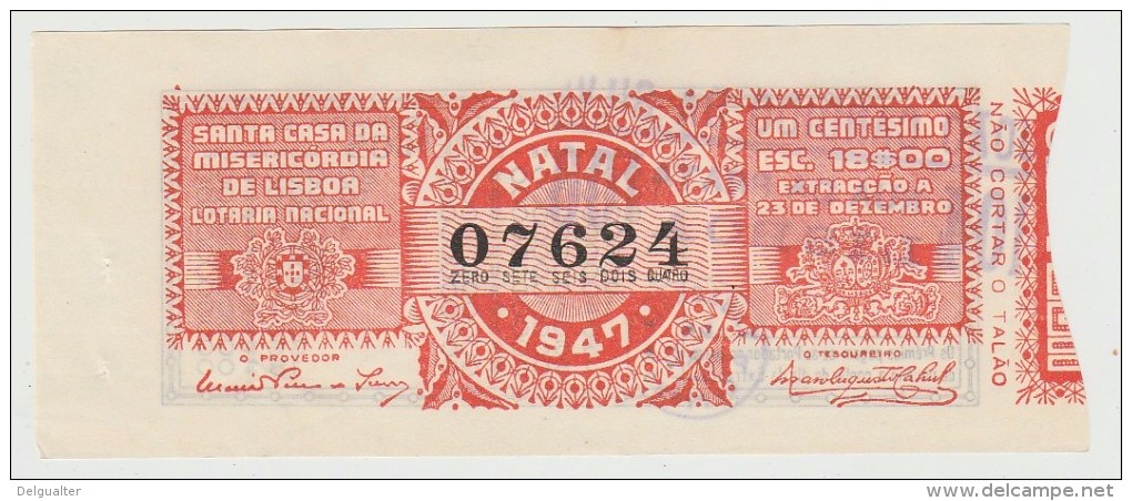 Lottery Ticket - Portugal - 1947 - Natal - Biglietti Della Lotteria