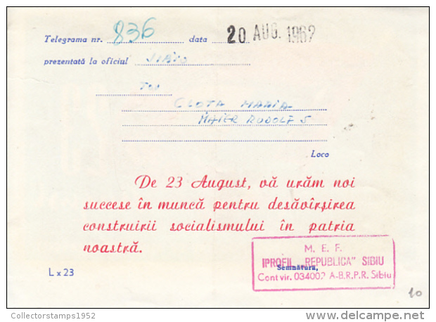 48730- AUGUST 23RD, NATIONAL DAY, TELEGRAMME, 1962, ROMANIA - Télégraphes