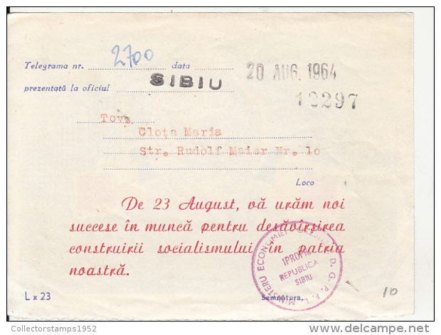 48731- AUGUST 23RD, NATIONAL DAY, TELEGRAMME, 1964, ROMANIA - Télégraphes