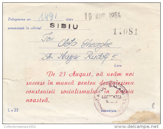 48732- AUGUST 23RD, NATIONAL DAY, TELEGRAMME, 1964, ROMANIA - Télégraphes