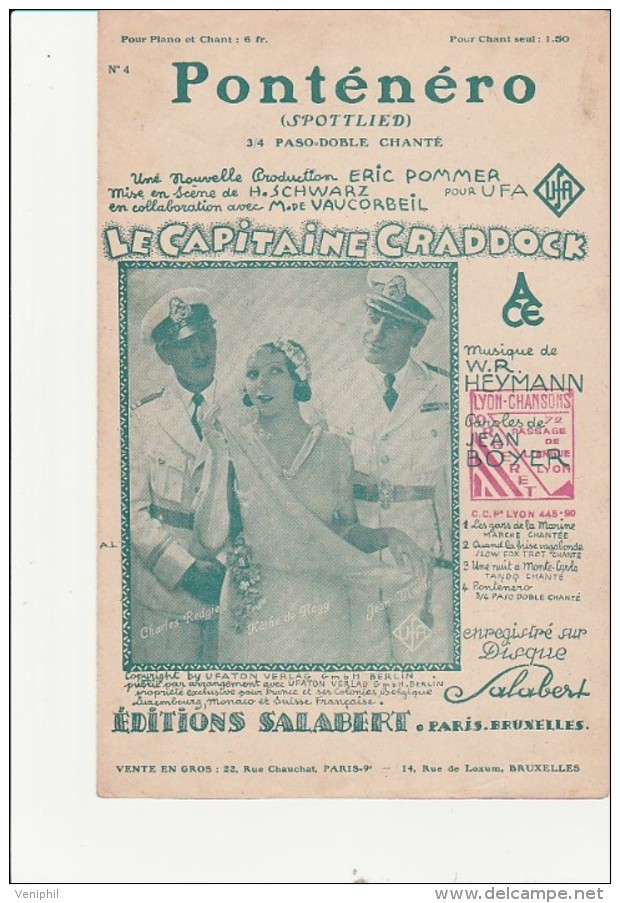 PARTITION MUSICALE - PONTENERO -PASO-DOBLE " LE CAPITAINE CRADDOCK " EDITIONS SALABERT - Partitions Musicales Anciennes