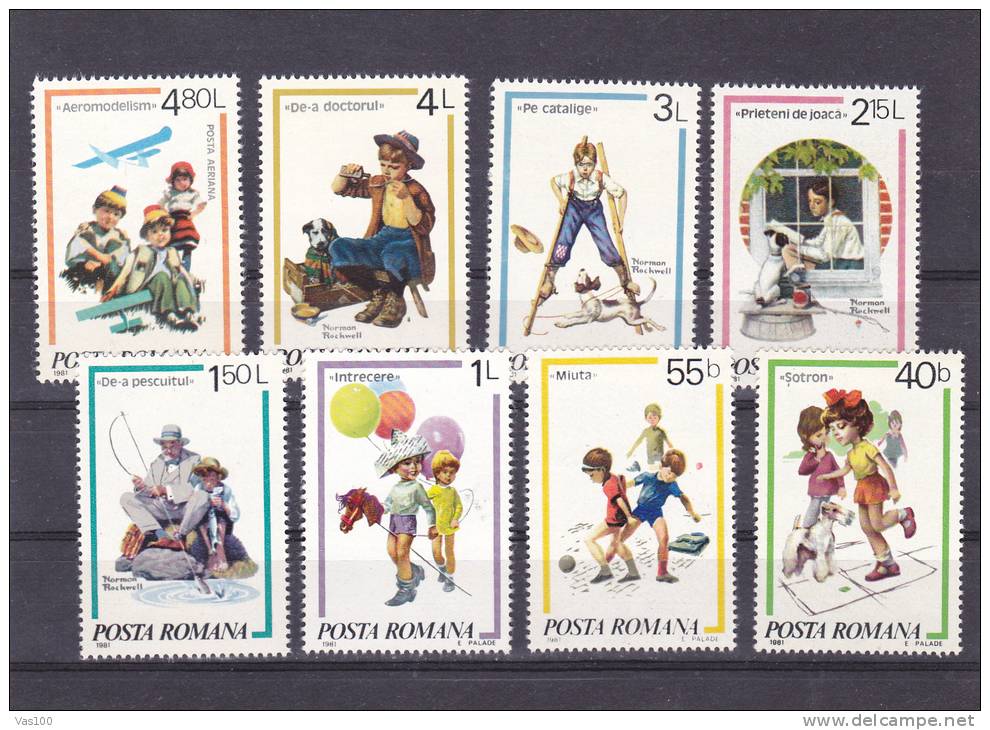 Children Games,DOGS ,1981,Yv.3356-62,Mi.3829-35, ** MNH,ROUMANIE. - Unused Stamps