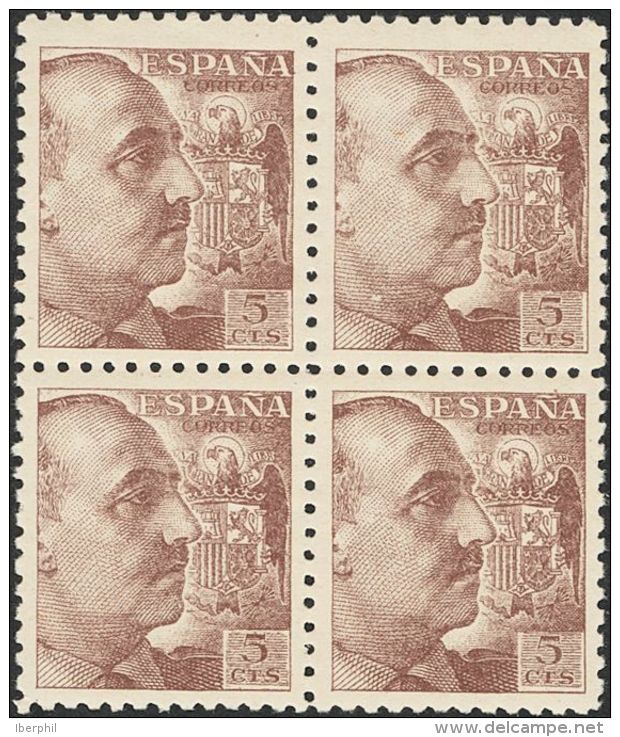 ESTADO ESPAÑOL. General Franco. Dentado Grueso. 5 Cts Casta&ntilde;o Lila, Bloque De Cuatro. DENTADO 10. MAGNIFIC - Unused Stamps