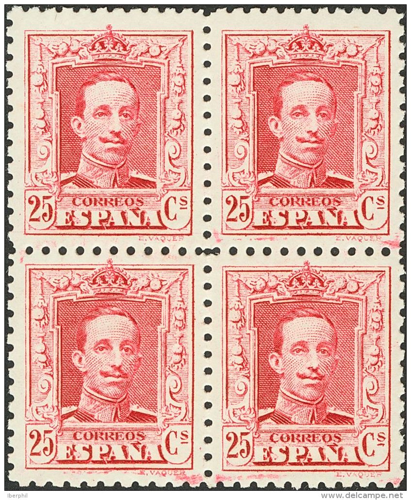 SIGLO XX. Alfonso XIII. Vaquer. 25 Cts Carmín, Bloque De Cuatro. Procede Del Mismo Pliego De La Variedad PAPEL CO - Unused Stamps