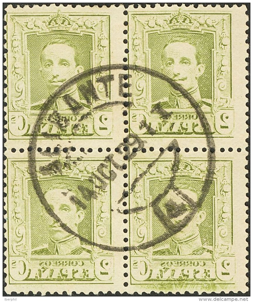 SIGLO XX. Alfonso XIII. Vaquer. 2 Cts Verde Bronce, Bloque De Cuatro. CALCADO AL DORSO. MAGNIFICO Y RARO MATASELLADO. - Unused Stamps