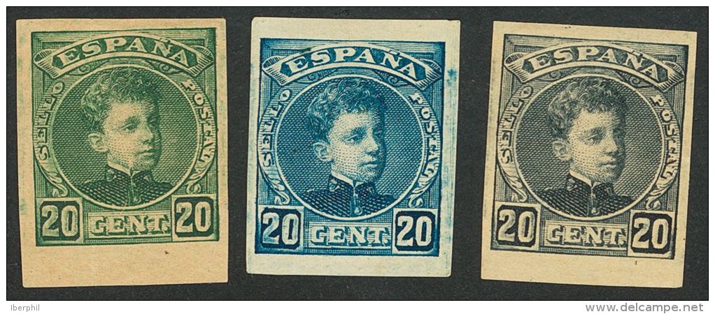 SIGLO XX. Alfonso XIII. Cadete. 20 Cts Verde, 20 Cts Azul Y 20 Cts Negro. ENSAYOS DE COLOR (sin Dentar). MAGNIFICOS. (G& - Unused Stamps