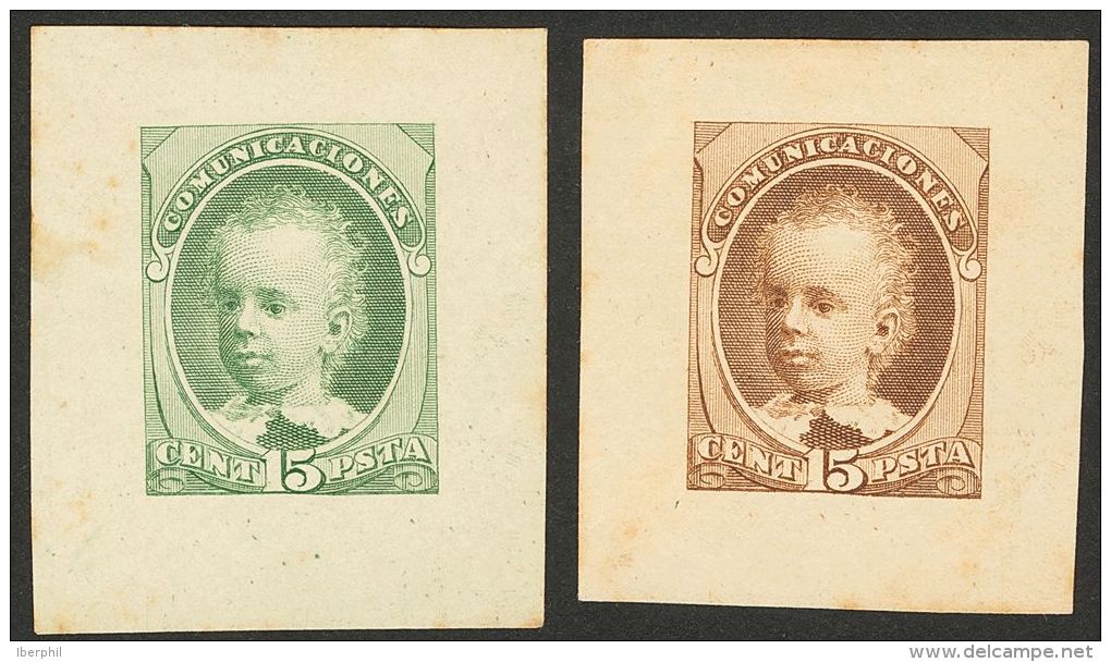 ALFONSO XIII. 15 Cts Verde Y 15 Cts Casta&ntilde;o. PRUEBAS DE PUNZON, De Un Dise&ntilde;o No Adoptado De La Primera Emi - Unused Stamps