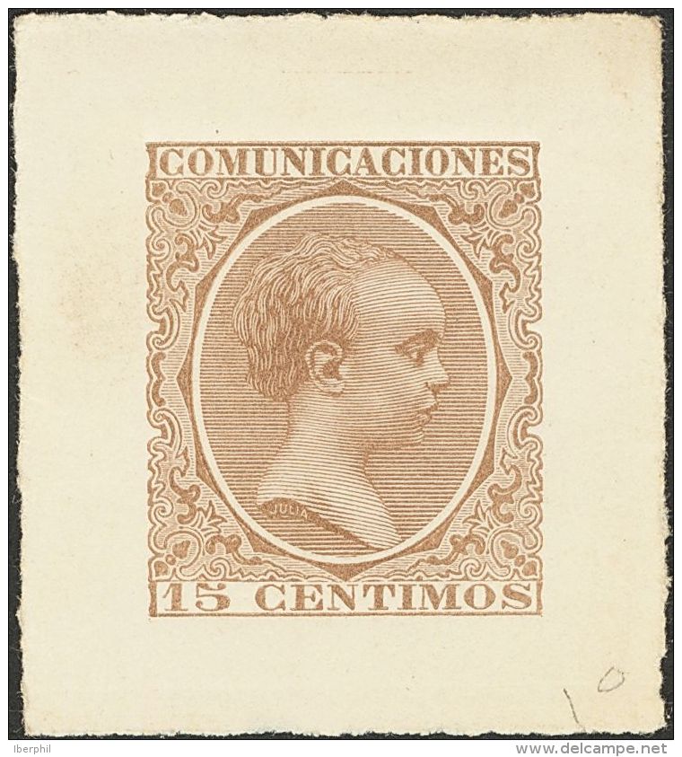 ALFONSO XIII. 15 Cts Casta&ntilde;o Claro. PRUEBA DE PUNZON. MAGNIFICA Y MUY RARA. (Gálvez 1457) - Unused Stamps