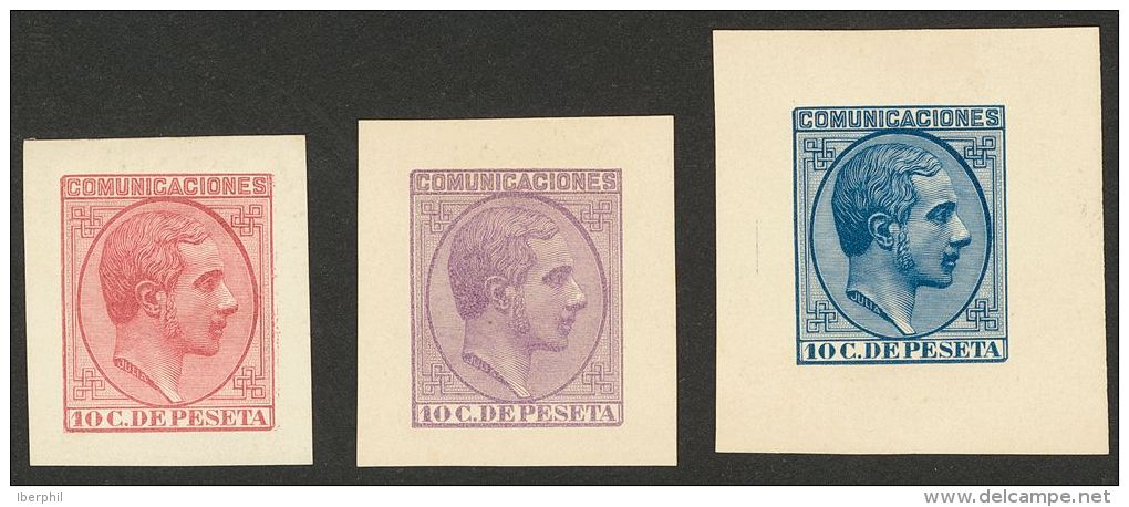 ALFONSO XII. 10 Cts Azul, 10 Cts Carmín Y 10 Cts Lila. PRUEBAS DE PUNZON. MAGNIFICAS Y RARAS. (Gálvez 1054 - Unused Stamps