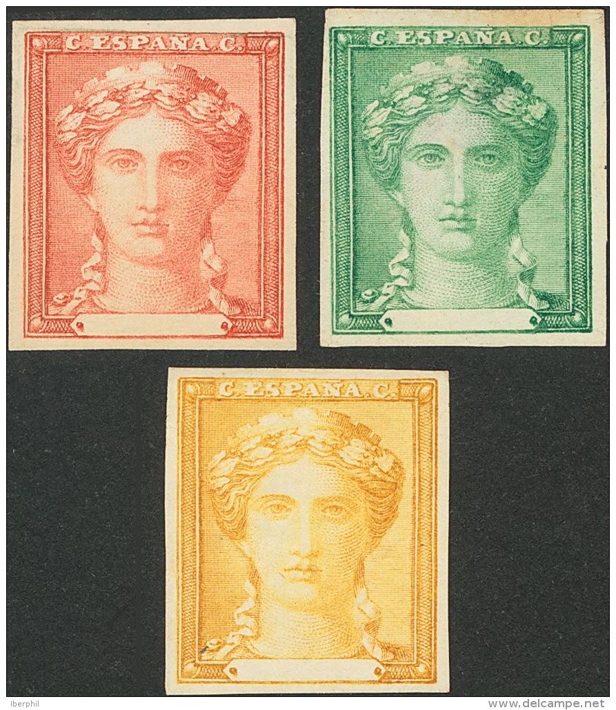 GOBIERNO PROVISIONAL. Conjunto De Tres ENSAYOS DE COLOR, En Rojo, Verde Y Amarillo, De Un Dise&ntilde;o No Adoptado. MAG - Unused Stamps