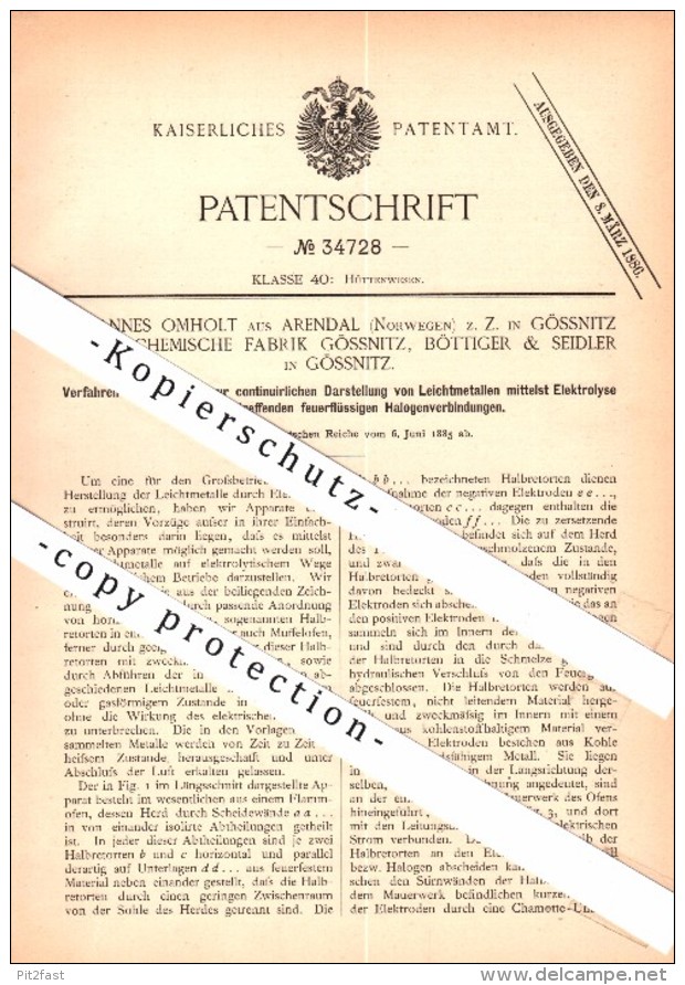 Original Patent - Böttiger & Seidler In Gößnitz / An Der Poststraße ,1885, Apparat Für Elektrolyse , Omholt Auf Arendal - Bad Bibra