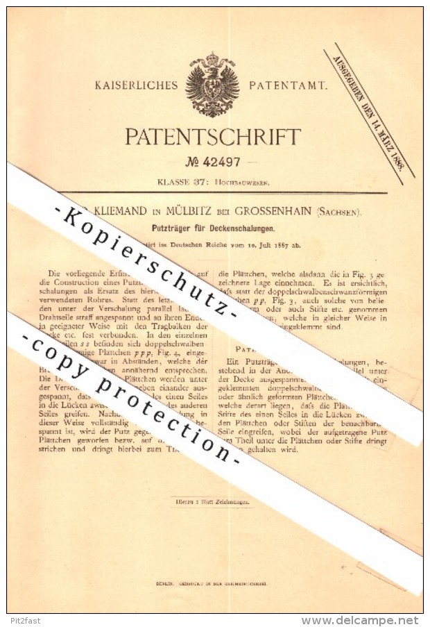 Original Patent - C. Kliemand In Mülbitz B. Großenhain , 1887, Putzträger Für Deckenschalung  , Sachsen , Hochbau , Bau - Grossenhain