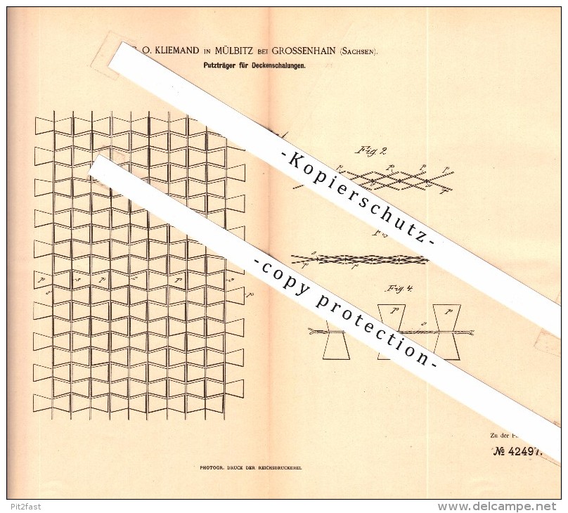 Original Patent - C. Kliemand In Mülbitz B. Großenhain , 1887, Putzträger Für Deckenschalung  , Sachsen , Hochbau , Bau - Grossenhain