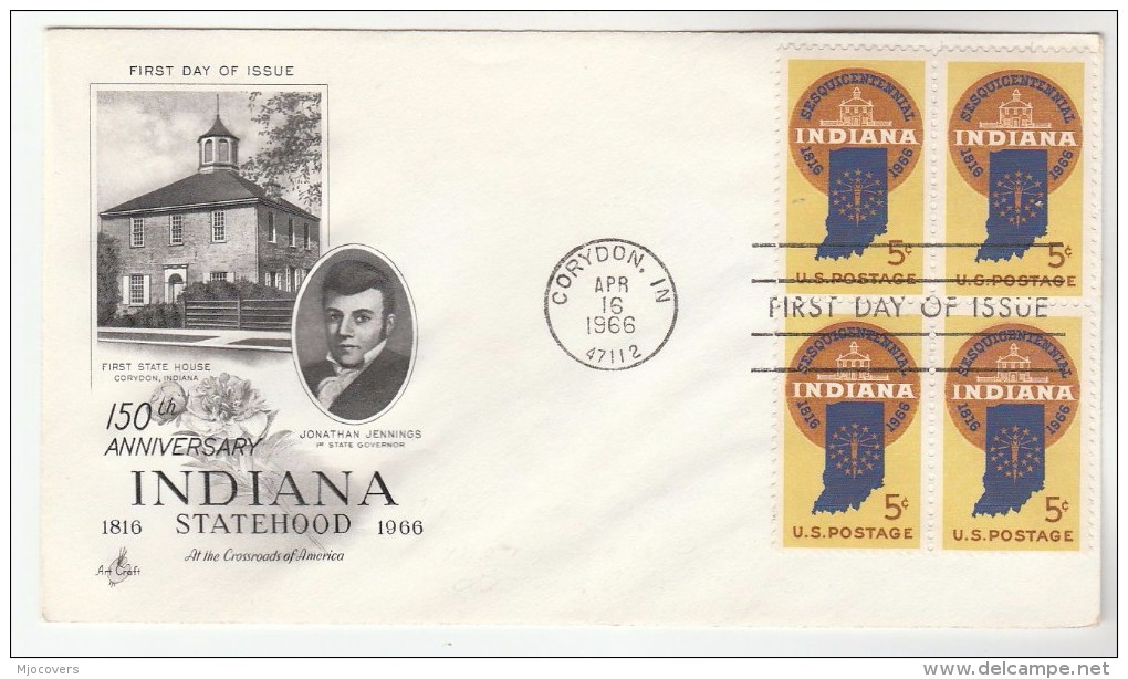 1966 Corydon  USA  FDC  Stamps Block 4x INDIANA STATEHOOD Art Craft Cover - 1961-1970