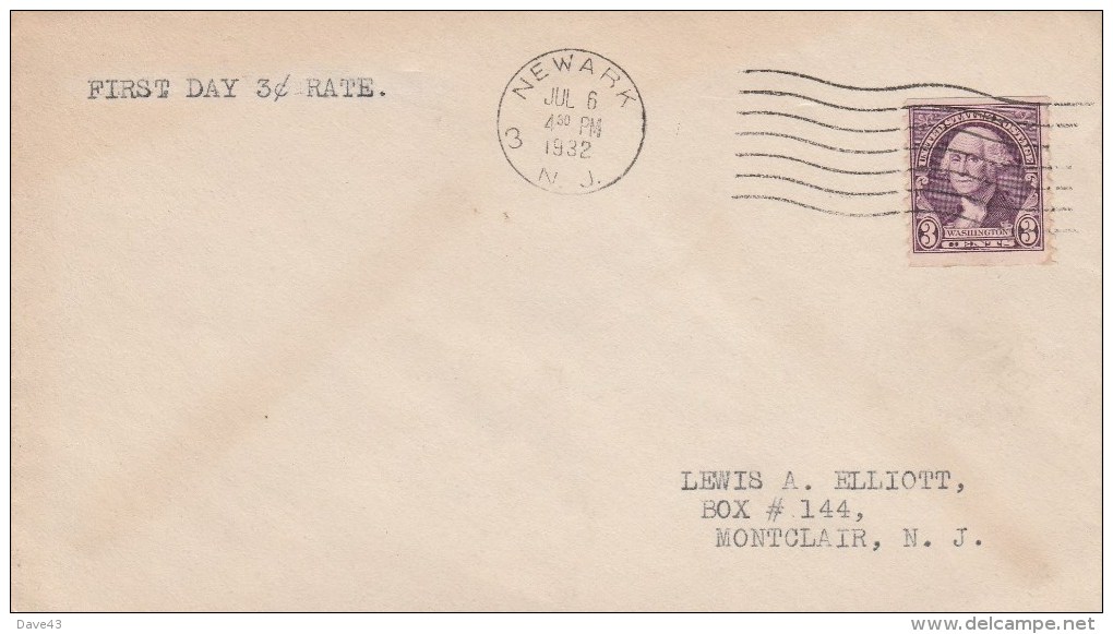 1932 FDC First Day 3c Rate Washington Stamp Newark M/c Cancel - 1851-1940