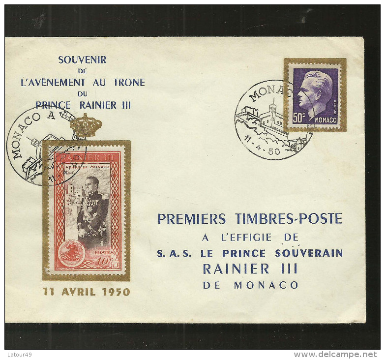 ENVELOPPE    SOUVENIR DE L AVENEMENT AU TRONE DU PRINCE   RAINIER III PREMIERS TIMBRES - Lettres & Documents