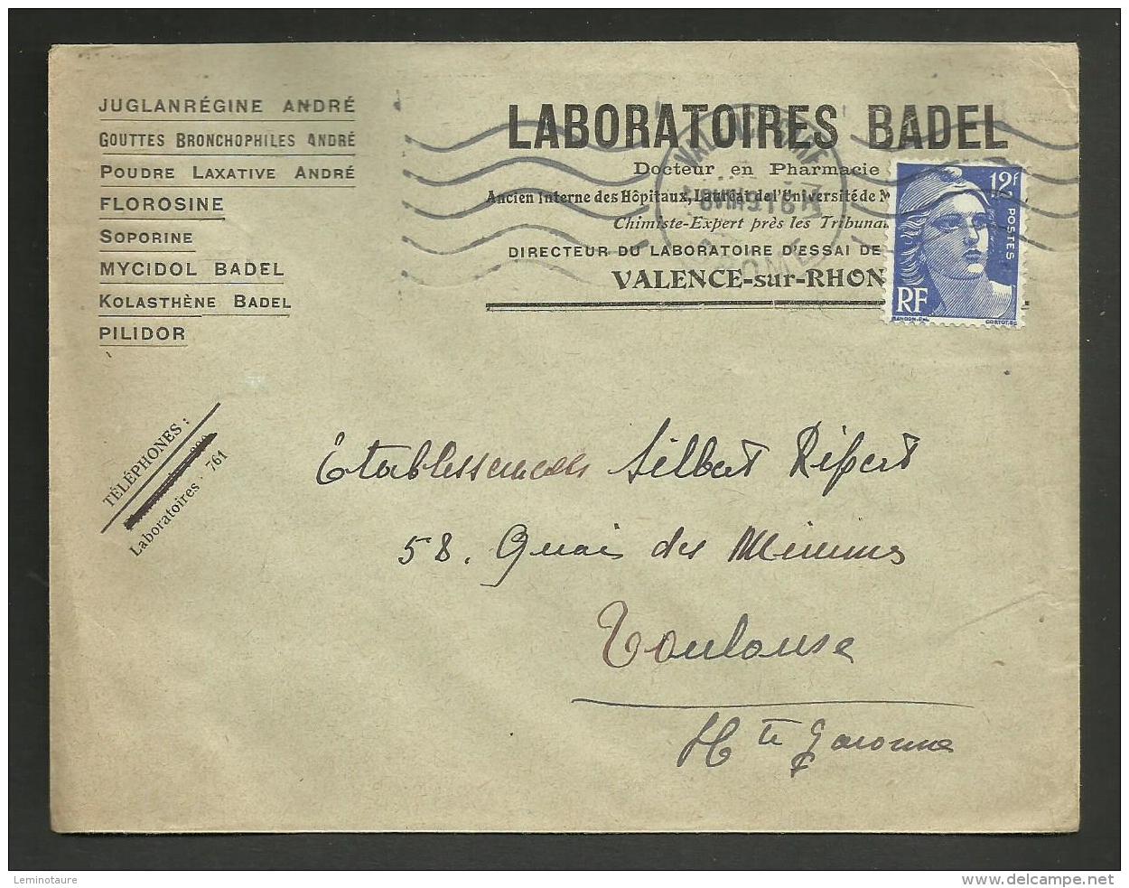 Enveloppe Entete " Laboratoires BADEL " à VALENCE SUR RHONE - DROME /  08.1949 - 1921-1960: Période Moderne