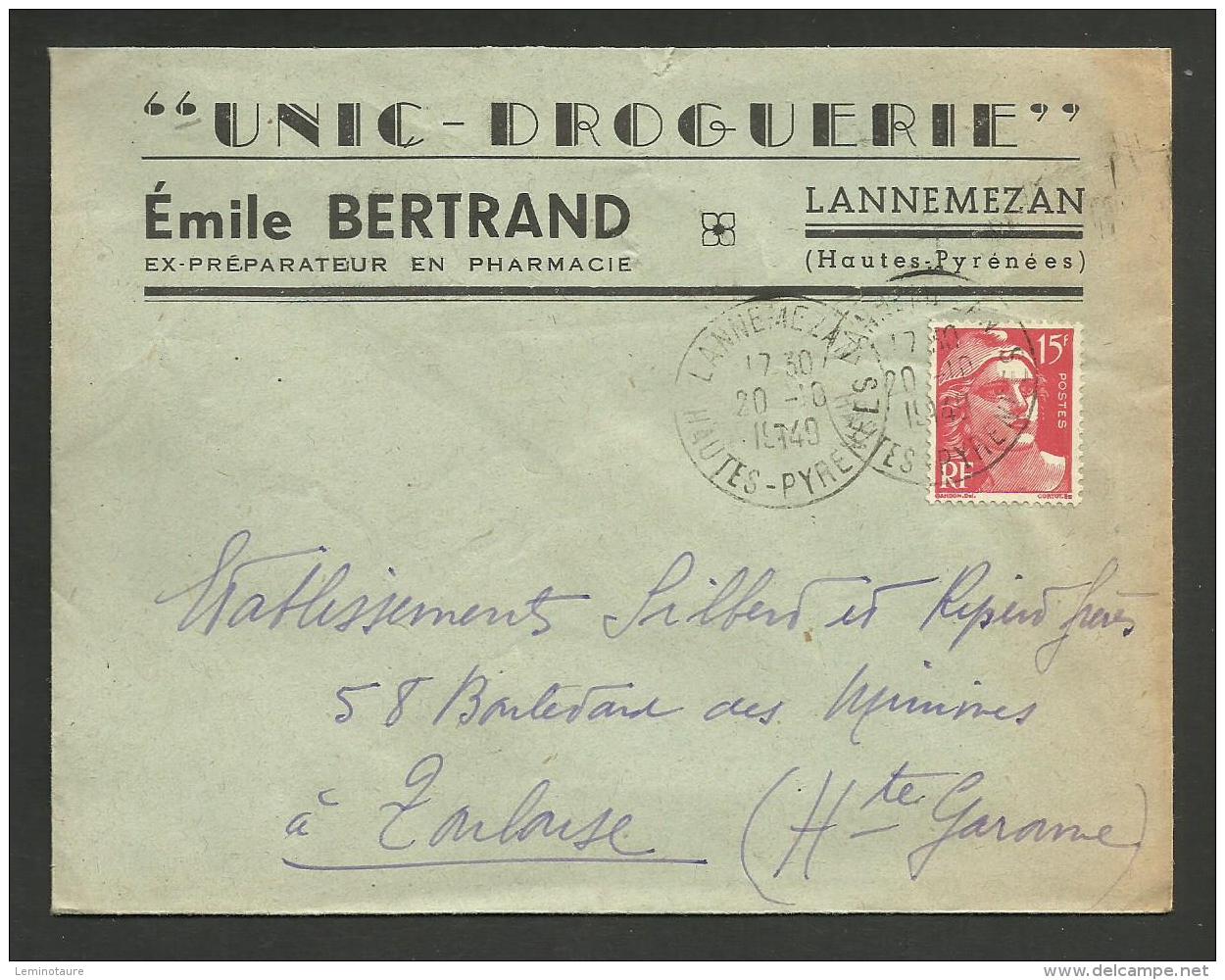 Enveloppe Entete " Droguerie E. BERTRAND " à LANNEMEZAN - HAUTES PYRENEES /  10.1949 - 1921-1960: Modern Period