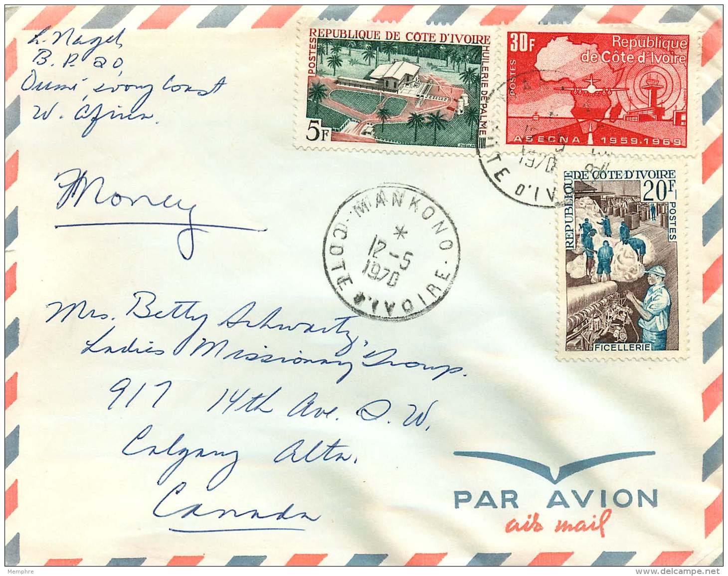 1970  Lettre Avion Pour Le Canada Ficellerie, Huilerie, ASECNA - Côte D'Ivoire (1960-...)