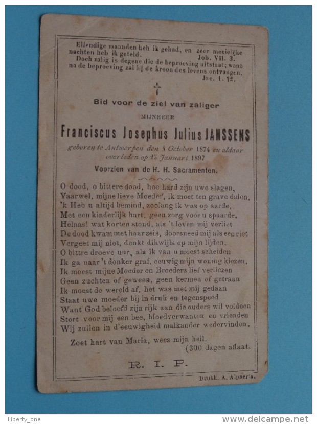 DP Franciscus Josephus Julius JANSSENS () Antwerpen 4 Oct 1874 - 23 Jan 1897 ( Zie Foto´s ) ! - Religion & Esotérisme