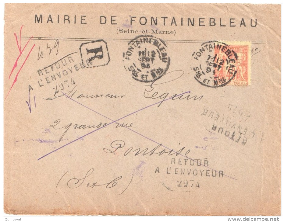 3255 FONTAINEBLEAU Seine Et Marne Lettre Recommandée Retour à L'envoyeur 2974 DECEDE Verso Sage 40c Yv 94 Ob 12 9 1896 - 1877-1920: Periodo Semi Moderno