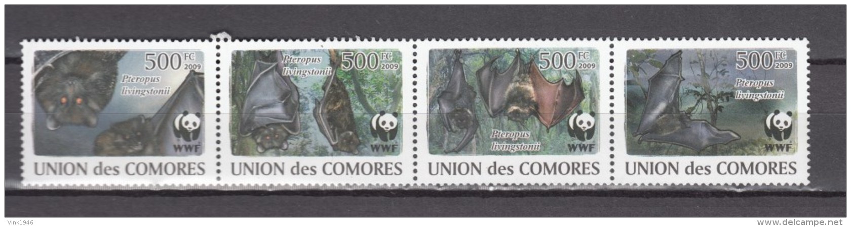 Comores 2009.4V In Strip,WWF,bats,vleermuizen,fledermäuse,chauves-souris,murciélagos,pipistrelli,MNH/Postfris(L2516) - Vleermuizen
