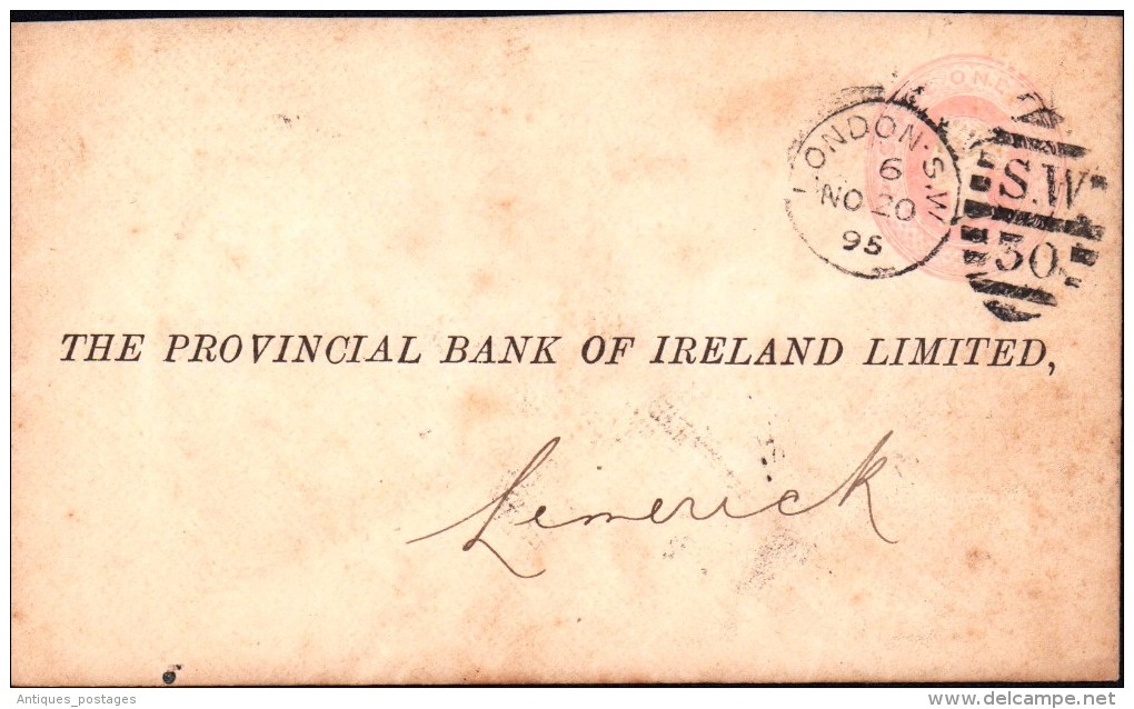 Lettre Entier Postal London Londres 1895 Irlande LimerickThe  Provincial Bank Of Irland Limited Westminster Bank - Postwaardestukken