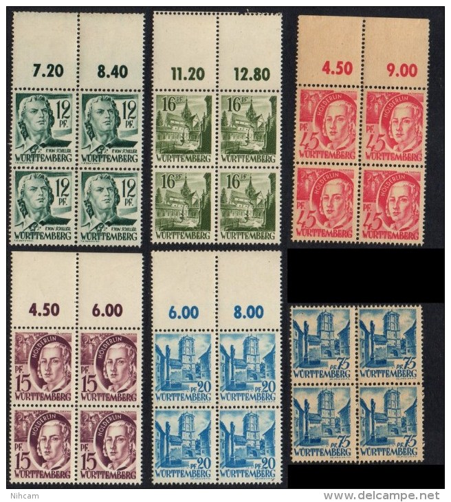 Würtemberg N° 4 + 5 + 6 + 7 + 9 + 11  Blocs De 4 ** MNH Allemagne Zone Française - Sonstige & Ohne Zuordnung