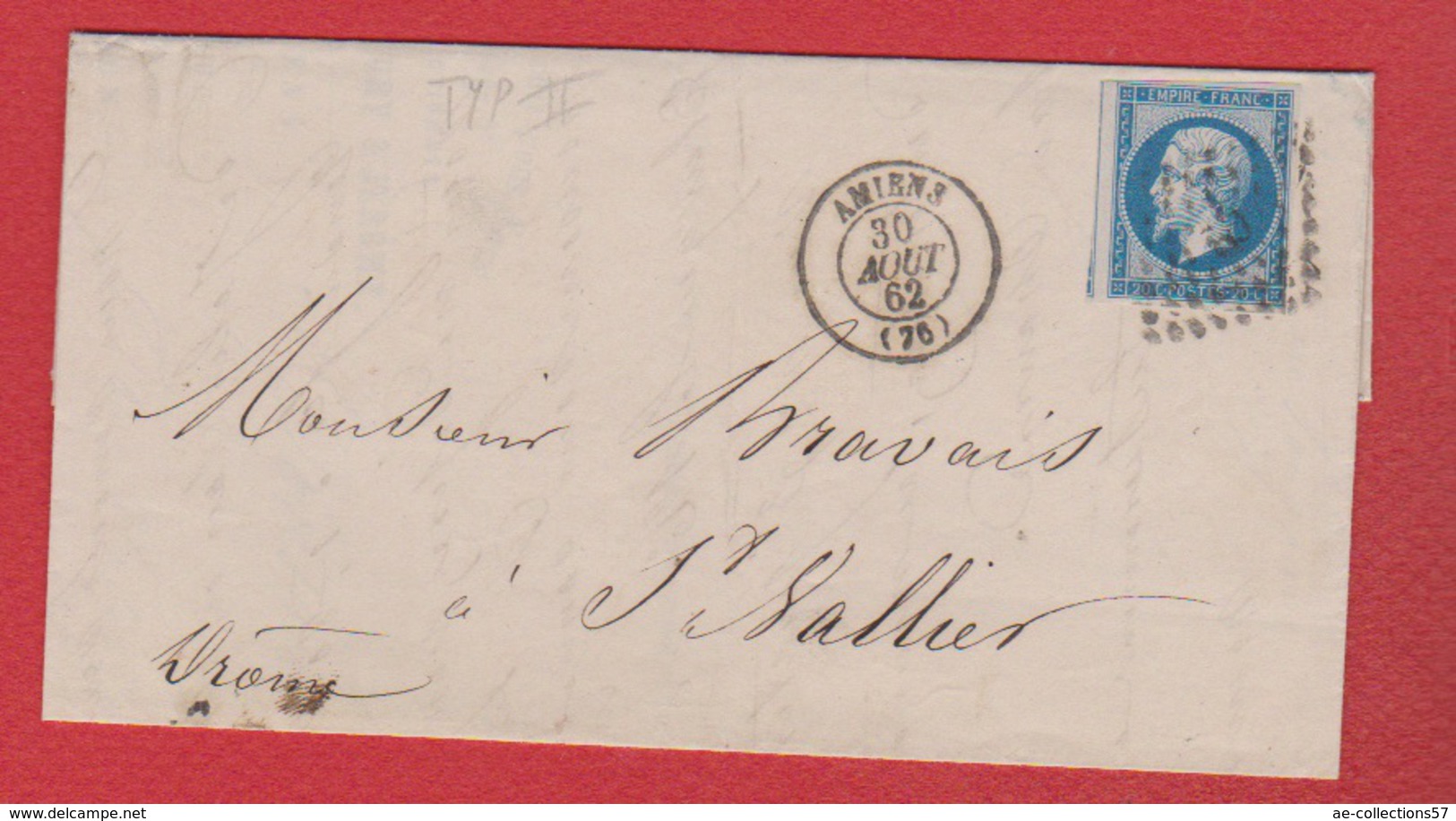 Lettre / De Amiens / Pour Saint Vallier  / 30 Août 1862 - 1849-1876: Periodo Classico