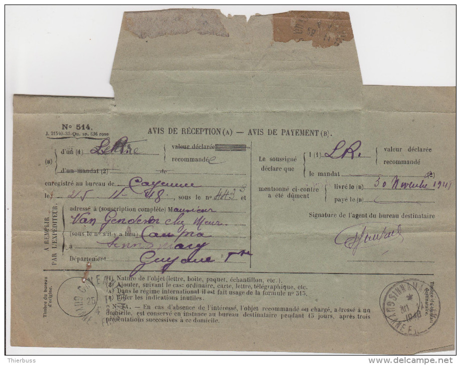Avis De Reception Cayenne 1948 Affranchie Avec Yvert 206 Pour Sinnamary - Other & Unclassified