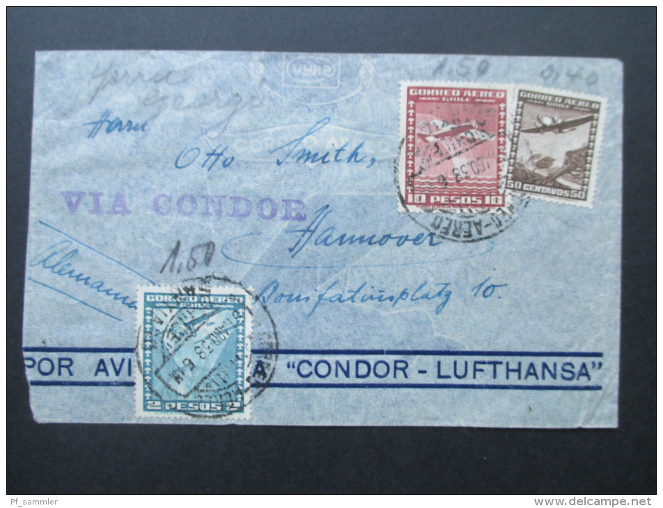 Chile 1938 Luftpost Condor Lufthansa Mischfrankatur! Via Condor Nach Hannover! Zeppelin?! - Chile