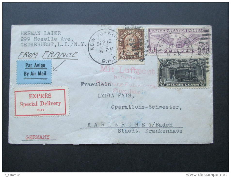 USA 1930 Special Delivery Expres Brief / Mit Luftpost Befördert Hamburg Fuhlsbüttel Flugplatz. Cedarhurst - Karlsruhe. - 1c. 1918-1940 Covers