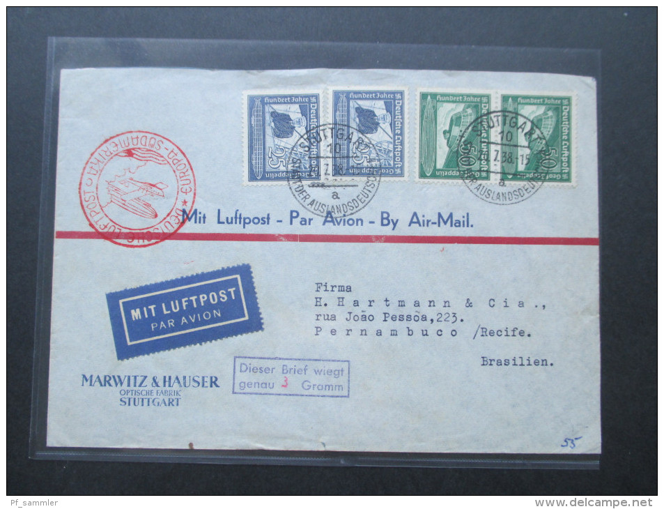 DR 1938 Deutsche Luftpost Europa - Südamerika. Stuttgart - Recife. Marwitz & Hauser Optische Fabrik. Toller Beleg! - Airmail & Zeppelin