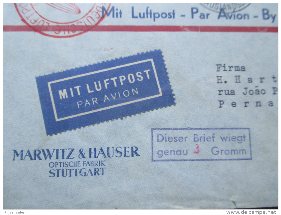 DR 1938 Deutsche Luftpost Europa - Südamerika. Stuttgart - Recife. Marwitz & Hauser Optische Fabrik. Toller Beleg! - Posta Aerea & Zeppelin