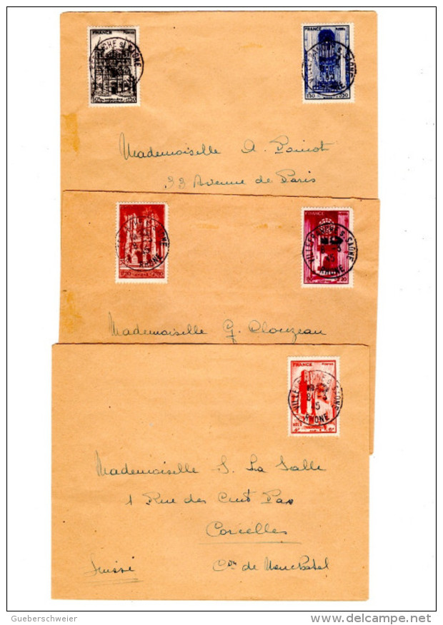 REL-L104 - FRANCE N° 663/67 Série Des Cathédrales Sur 3 Lettres De Villefranche Sur Saône Pour Niort 1945 - Lettres & Documents