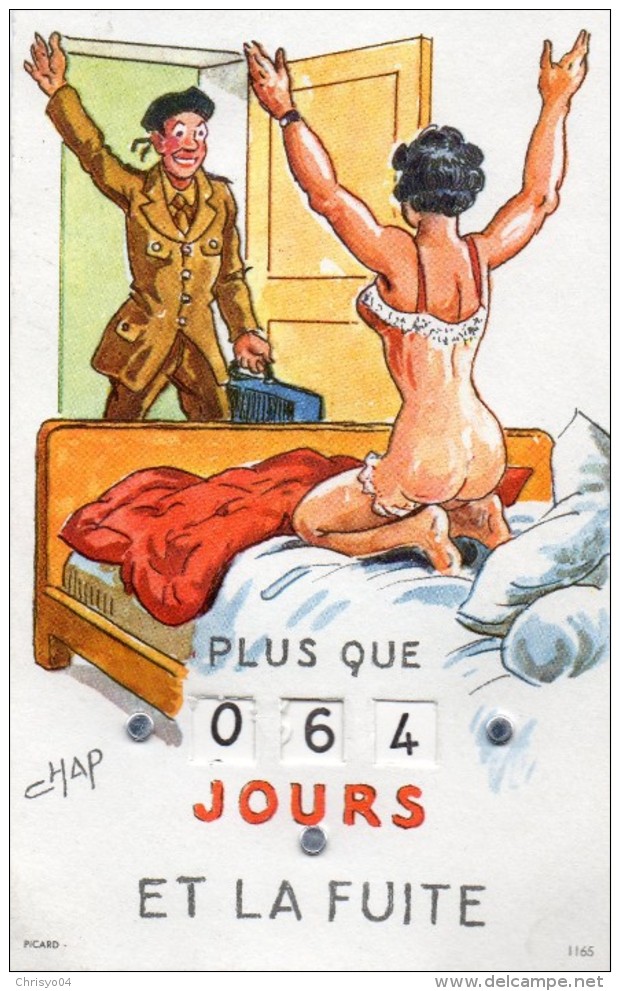 69Stm   Militaria Calendrier Quille La Fuite Soldat De Retour Avec Sa Femme En Nuisette Timbres Au Verso - Altri & Non Classificati