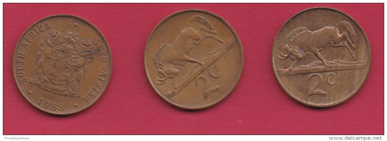 SOUTH AFRICA, 1988, 3 Off Normally Used Coins Of 2 Cent , Wildebeest,  KM83, C3295 - South Africa