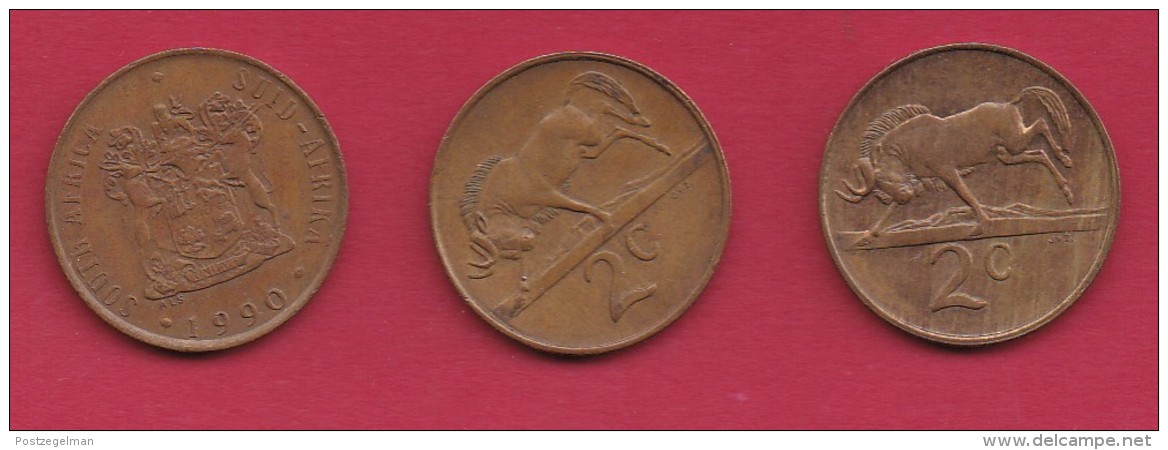 SOUTH AFRICA, 1990, 3 Off Normally Used Coins Of 2 Cent , Wildebeest,  KM83, C3297 - Zuid-Afrika