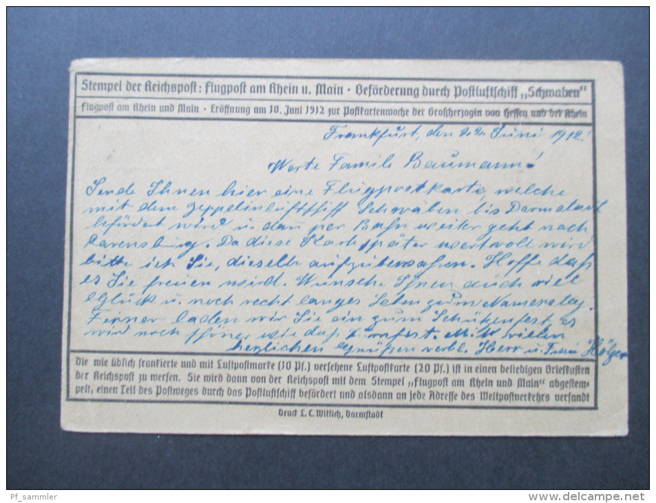 DR 1912 Flugpost Am Rhein II  Bedarf! Flugpost Karte. Frankfurt Main. 23.6.1912 Letzttag!! - Correo Aéreo & Zeppelin