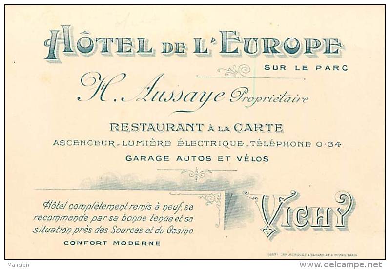 -ref-L955 - Allier - Vichy - Carte De Visite Hotel De L Europe - M. Aussaye Propr. - Hotels Et Restaurants - - Vichy