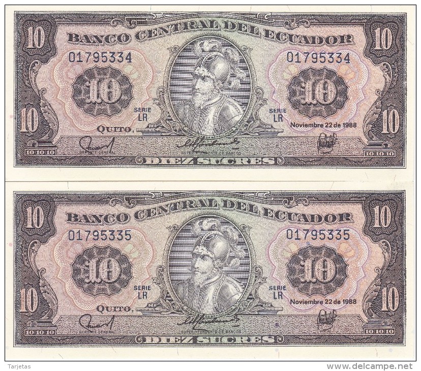 PAREJA CORRELATIVA DE ECUADOR DE 10 SUCRES DEL 22/11/1988 SIN CIRCULAR-UNCIRCULATED - Ecuador