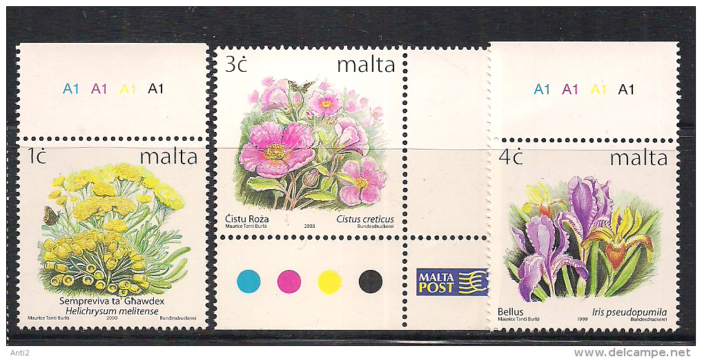 Malta 1999-2000 Flowers 1c, 3c And 4c, Mi 1100, 1138, 1139, MNH(**) - Malta