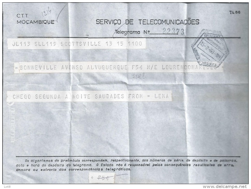 CTT Mozambique.Telecommunications Service.Colonial War.Telegram TL60 Lourenço Marques 15/02/1963.Rare.2 Scan. - Storia Postale