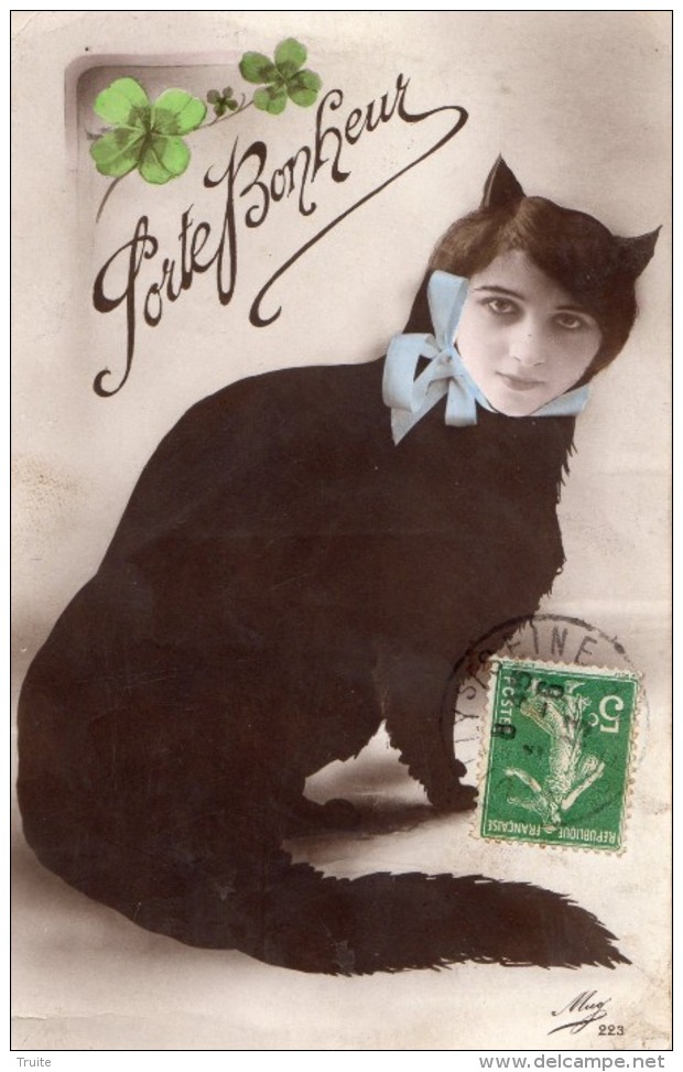 CHAT  NOIRS AVEC UNE TETE DE FEMME CARTE SURREALISTE  (THEME SURREALISME PHOTO MONTAGE) - Cats